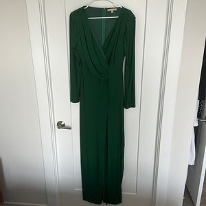 Green dress—great for winter wedding guest!